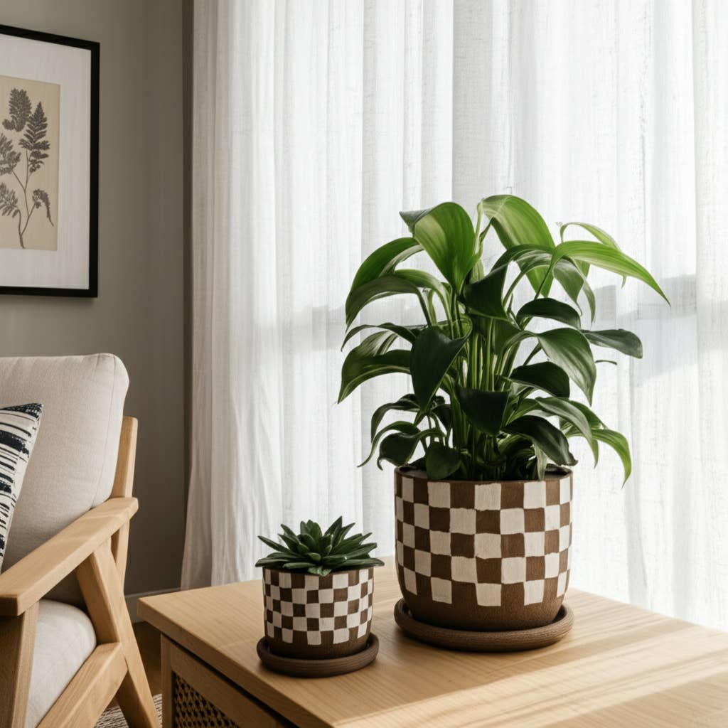 Ceramic Checkerboard Planters Set of 2 - Brown, 5/6 in.