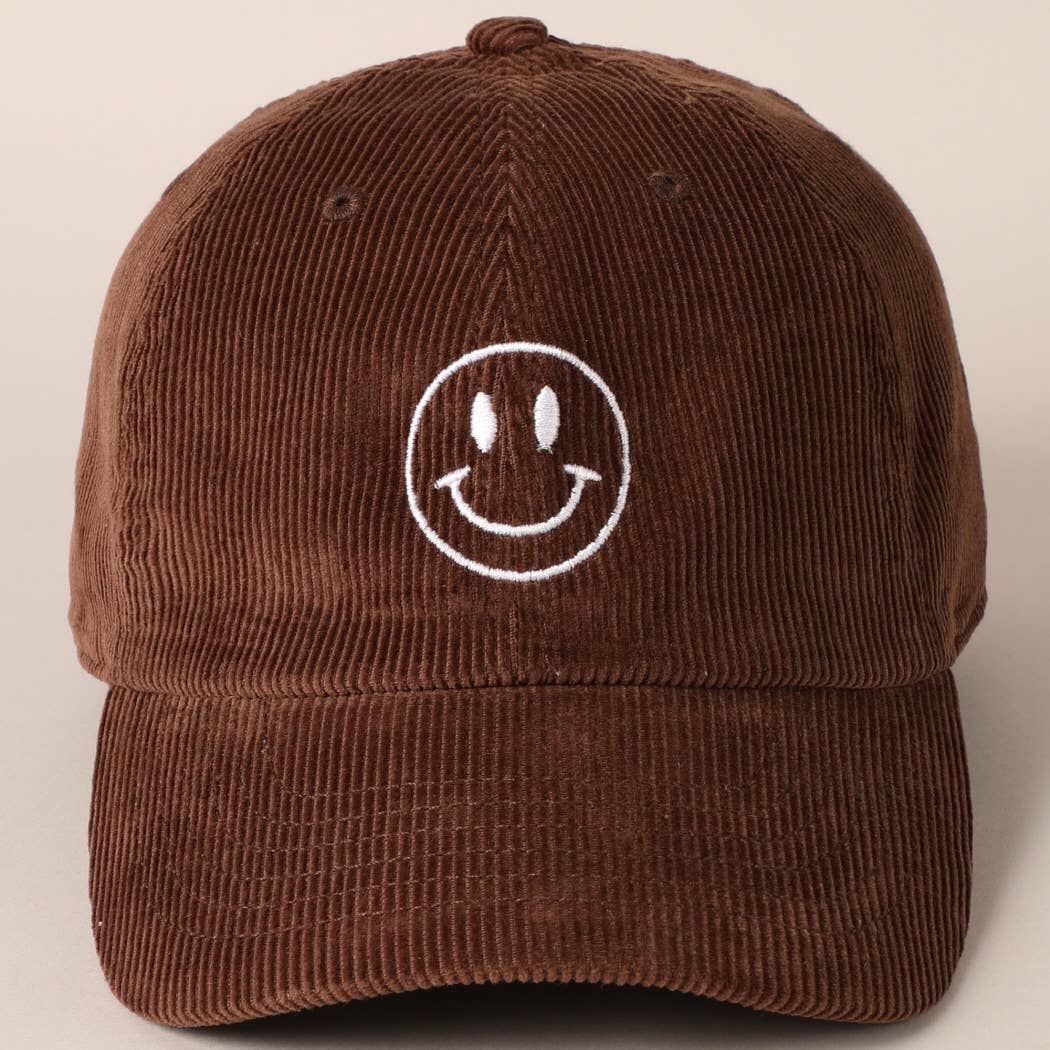 Happy Face Embroidered Corduroy Baseball Cap: LIGHT PINK / ONE SIZE