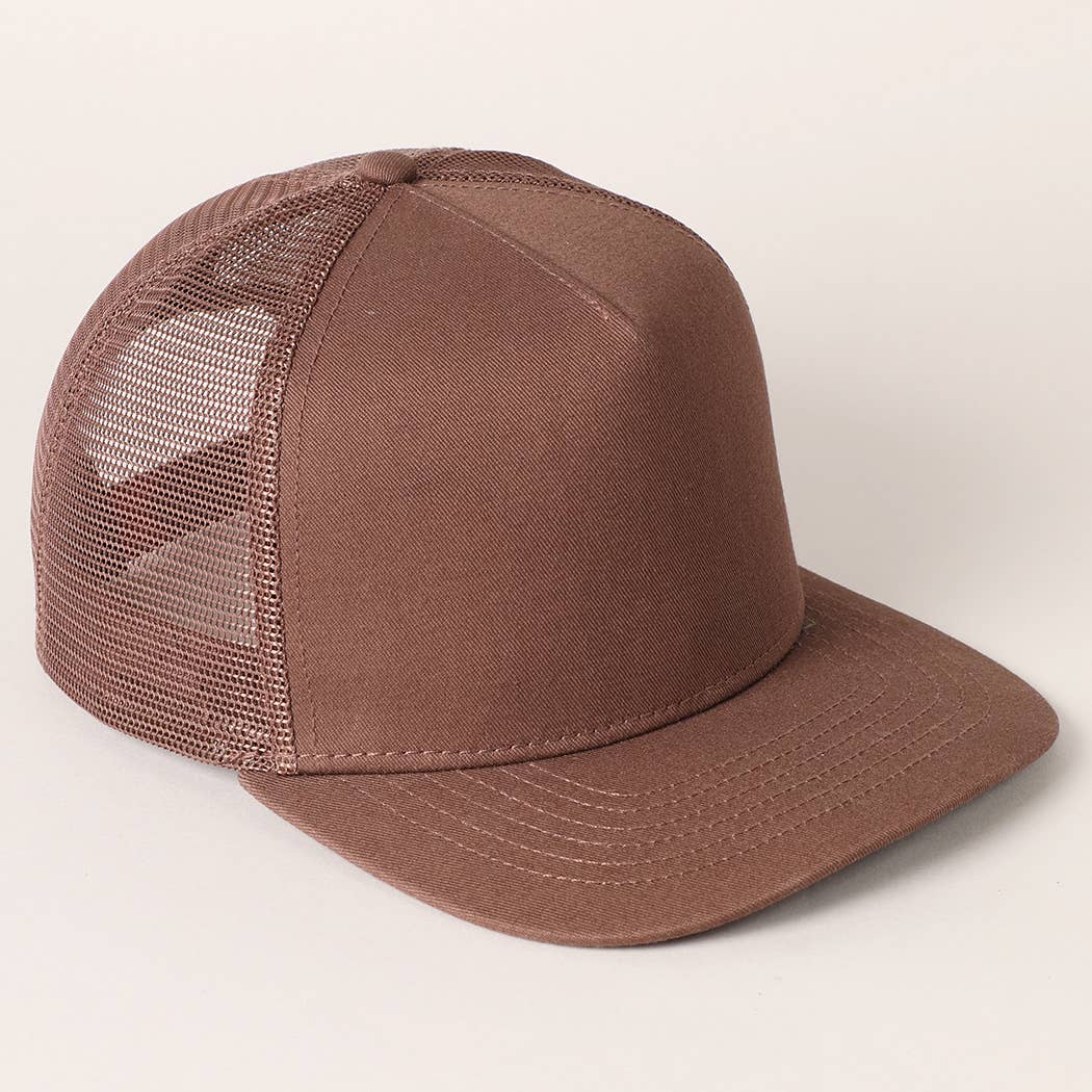 Solid Color Cotton Trucker Hat with Mesh Back: DARK BROWN / ONE SIZE