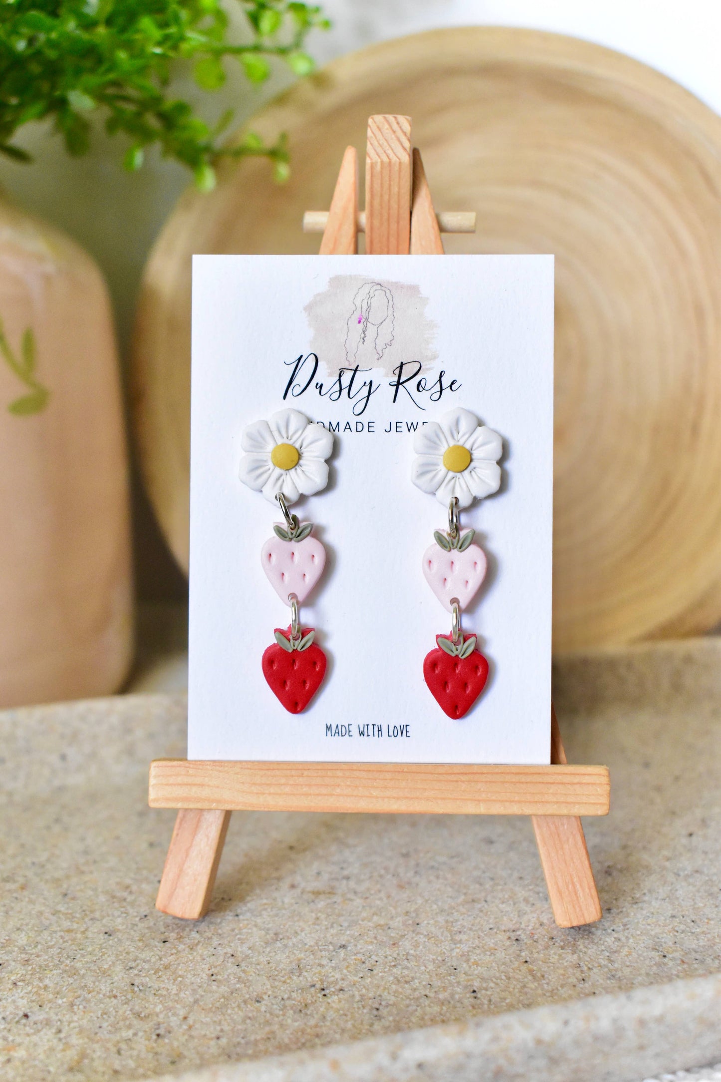 Flower & Strawberry Dangles- White, Pink, & Red Clay Earring