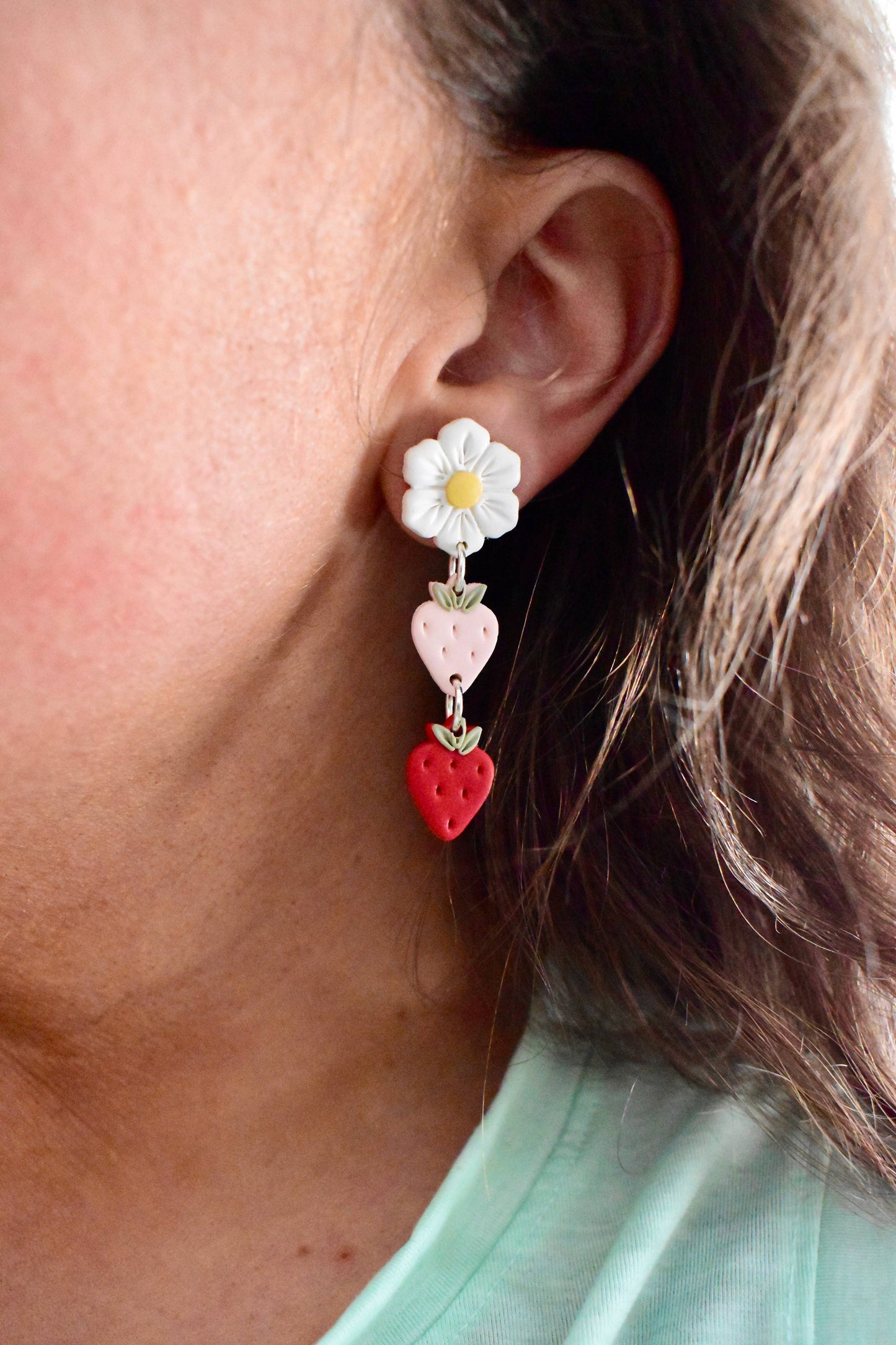 Flower & Strawberry Dangles- White, Pink, & Red Clay Earring