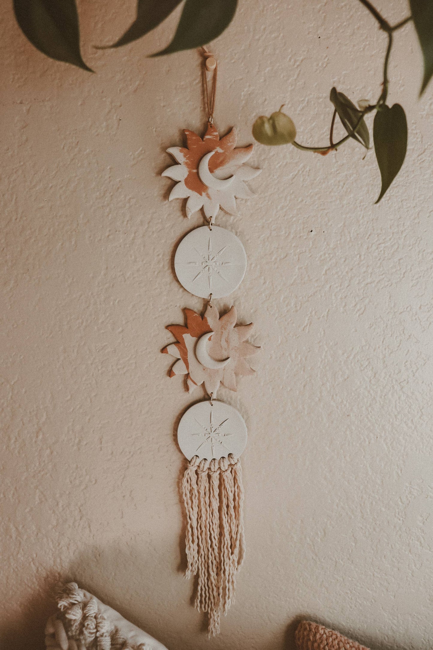 Celestial Sun and Moon Clay Wall Hanging: White Marble