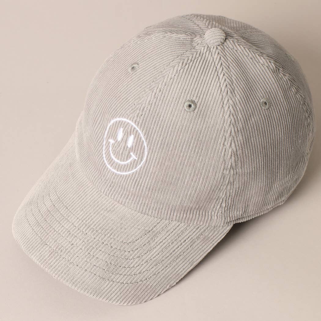 Happy Face Embroidered Corduroy Baseball Cap: LIGHT PINK / ONE SIZE