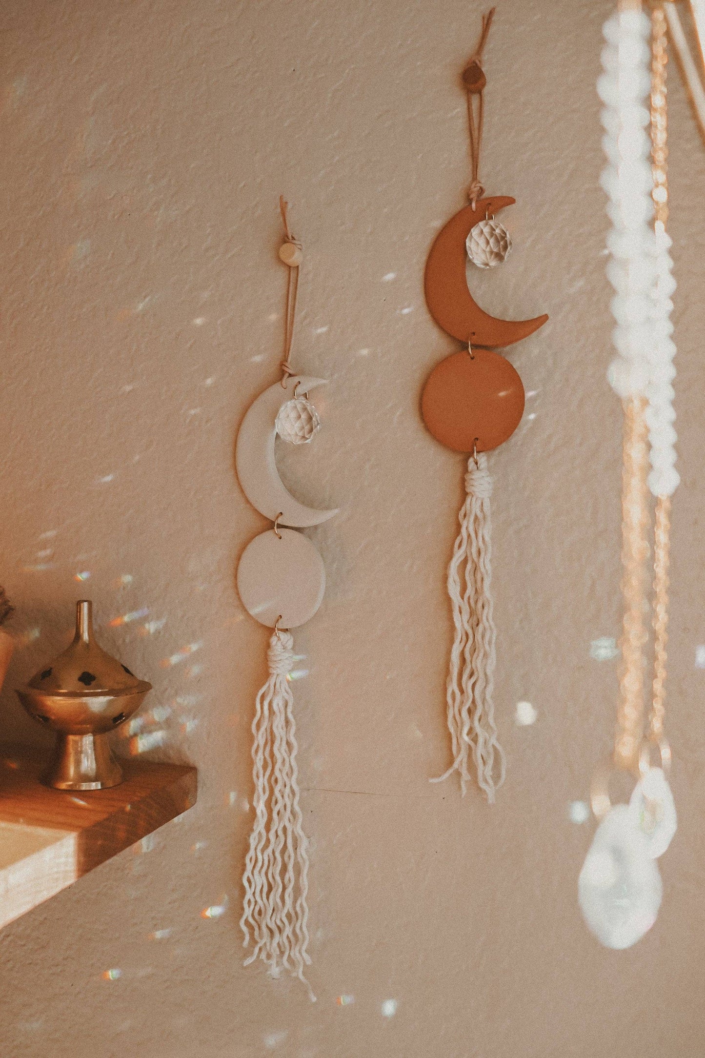 Crescent Moon Clay Sun Catcher in Terracotta and Stone: White Sandstone