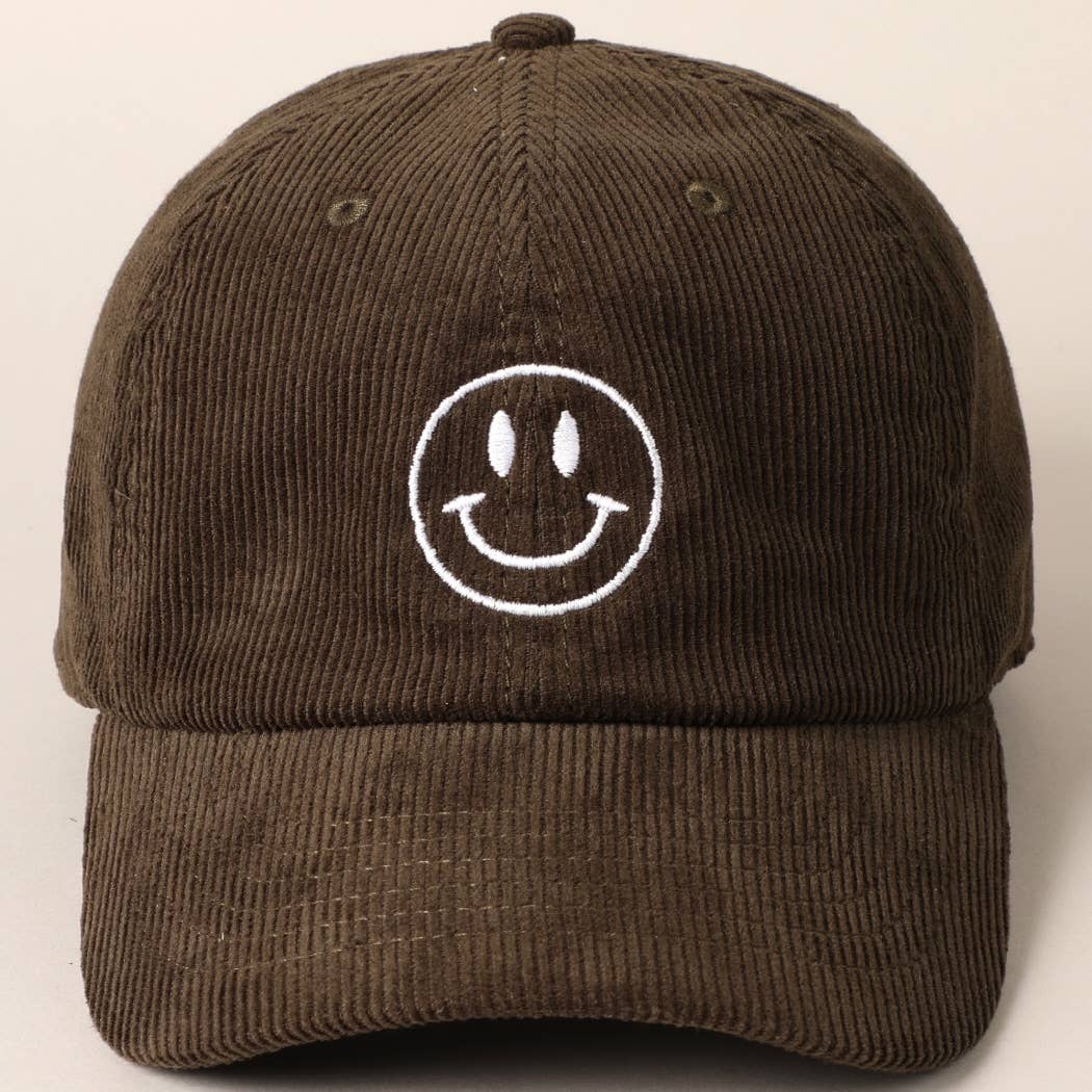 Happy Face Embroidered Corduroy Baseball Cap: LIGHT PINK / ONE SIZE