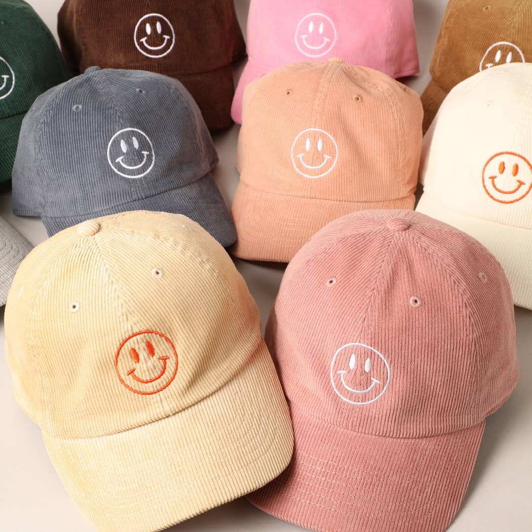 Happy Face Embroidered Corduroy Baseball Cap: LIGHT PINK / ONE SIZE