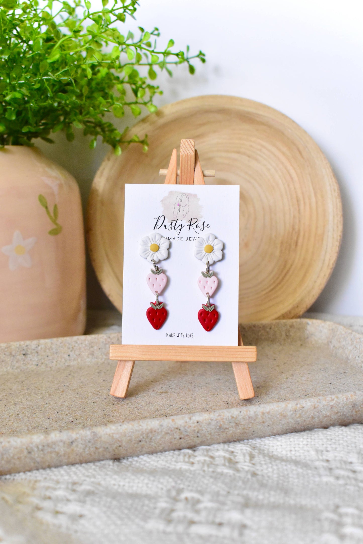 Flower & Strawberry Dangles- White, Pink, & Red Clay Earring