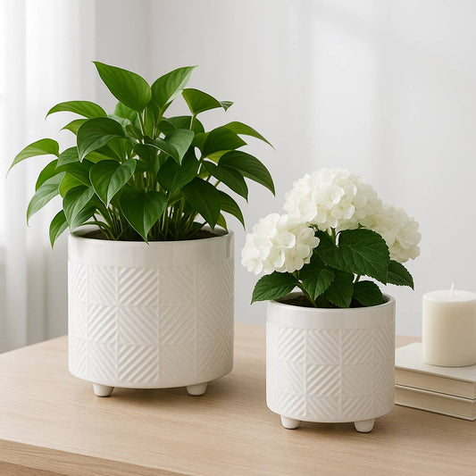 Ceramic Abstract Footed Planters Set of 2 - White, 6/8 in.