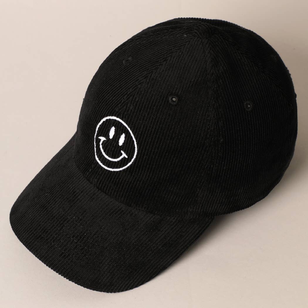 Happy Face Embroidered Corduroy Baseball Cap: LIGHT PINK / ONE SIZE