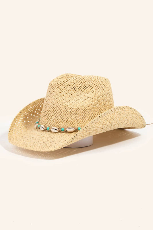 Straw Braided Cowrie Shell Western Cowboy Hat: IV