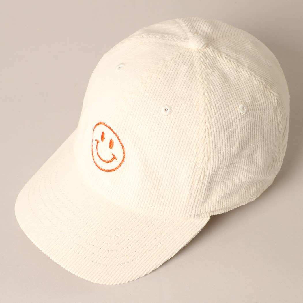Happy Face Embroidered Corduroy Baseball Cap: LIGHT PINK / ONE SIZE