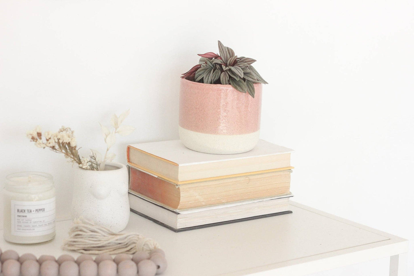 Large Blush Pink Ceramic Planter Pot with Crackle Glaze: 7"