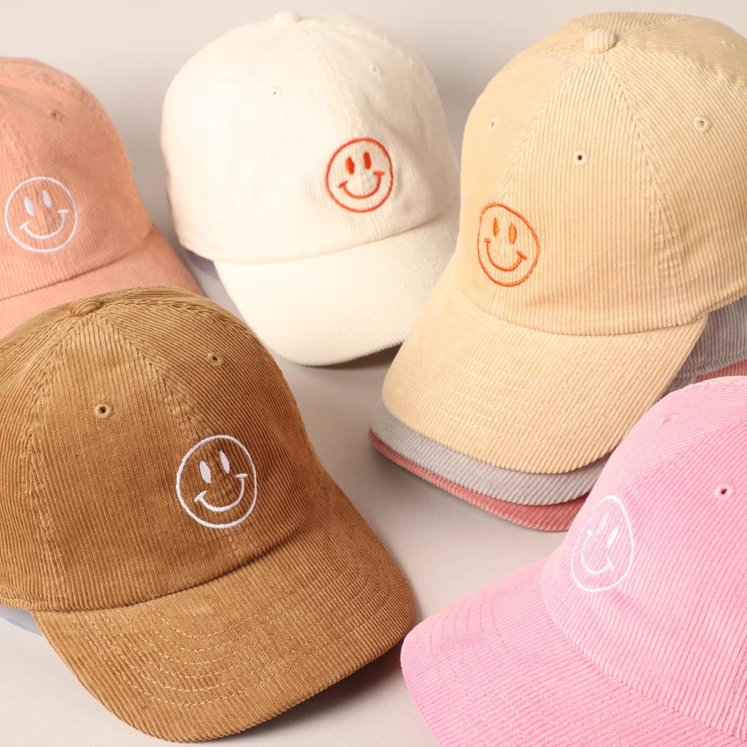 Happy Face Embroidered Corduroy Baseball Cap: LIGHT PINK / ONE SIZE