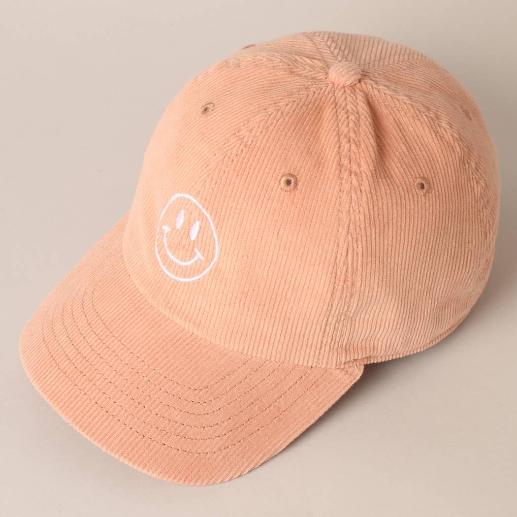 Happy Face Embroidered Corduroy Baseball Cap: LIGHT PINK / ONE SIZE