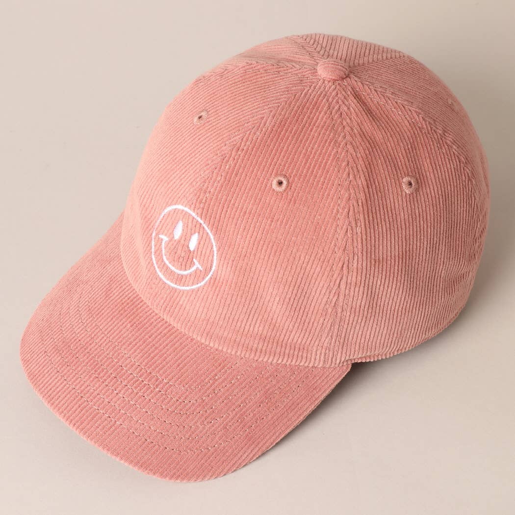 Happy Face Embroidered Corduroy Baseball Cap: LIGHT PINK / ONE SIZE