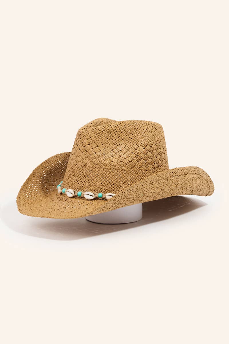 Straw Braided Cowrie Shell Western Cowboy Hat: IV