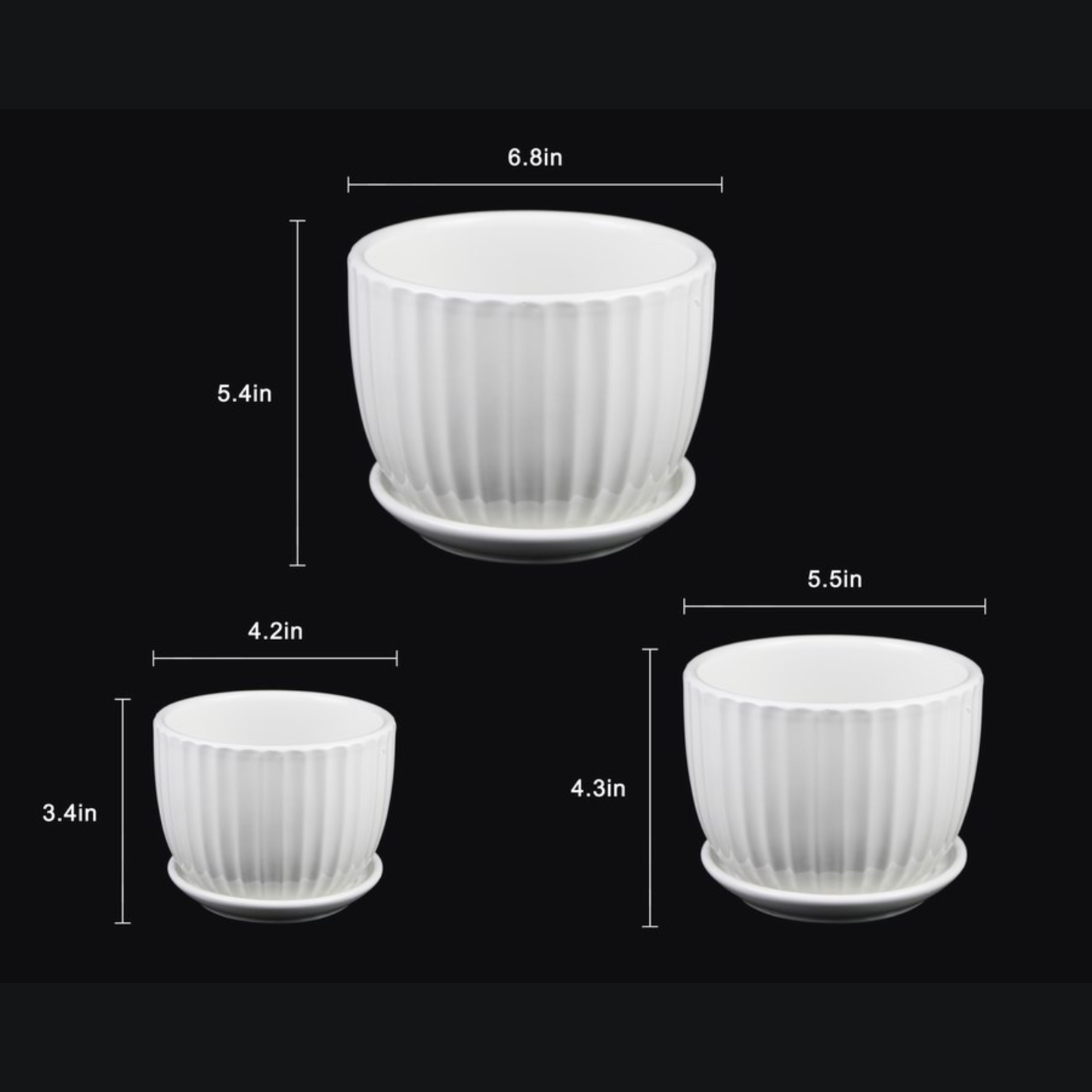 4.2 inch White Ceramic Planter Pot Set with Vertical Fluted Design & Matching Saucers