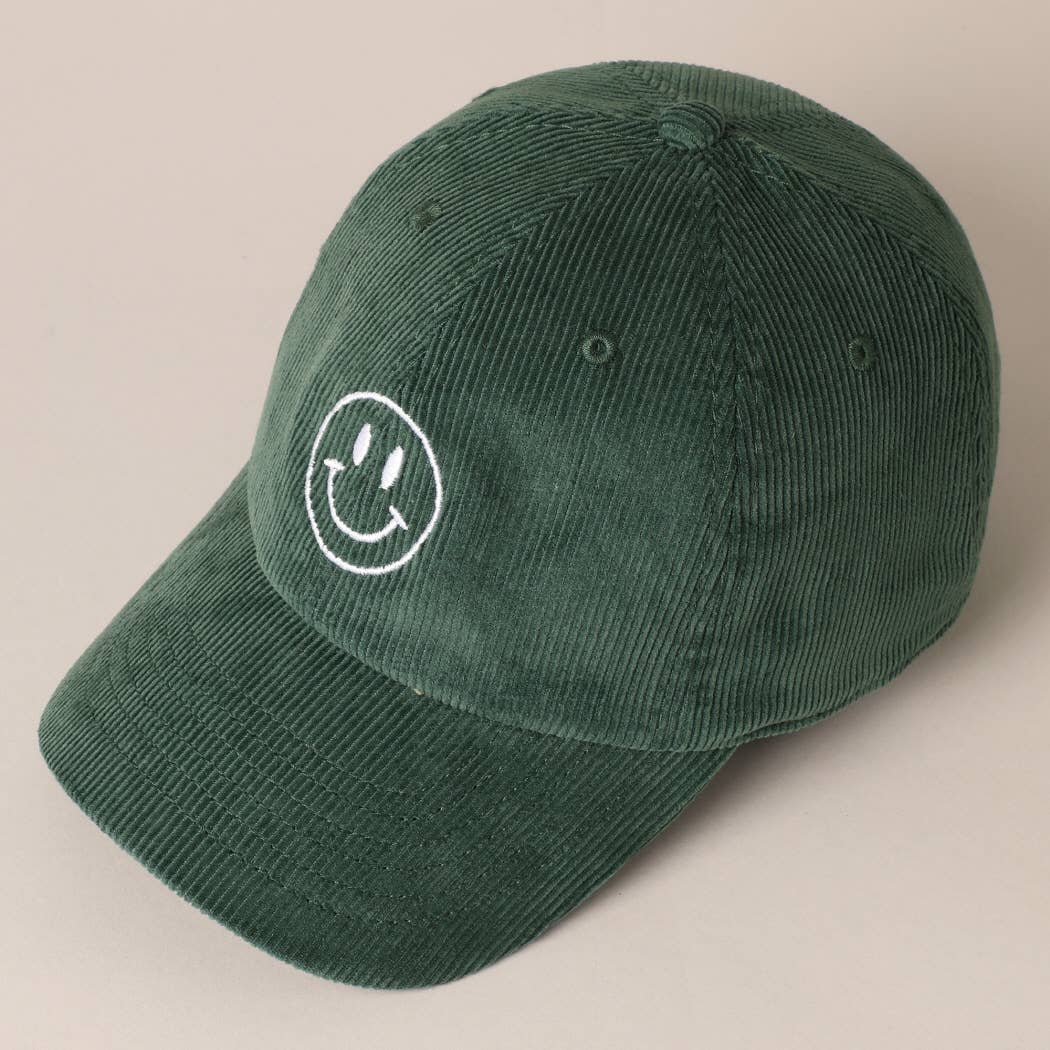 Happy Face Embroidered Corduroy Baseball Cap: LIGHT PINK / ONE SIZE