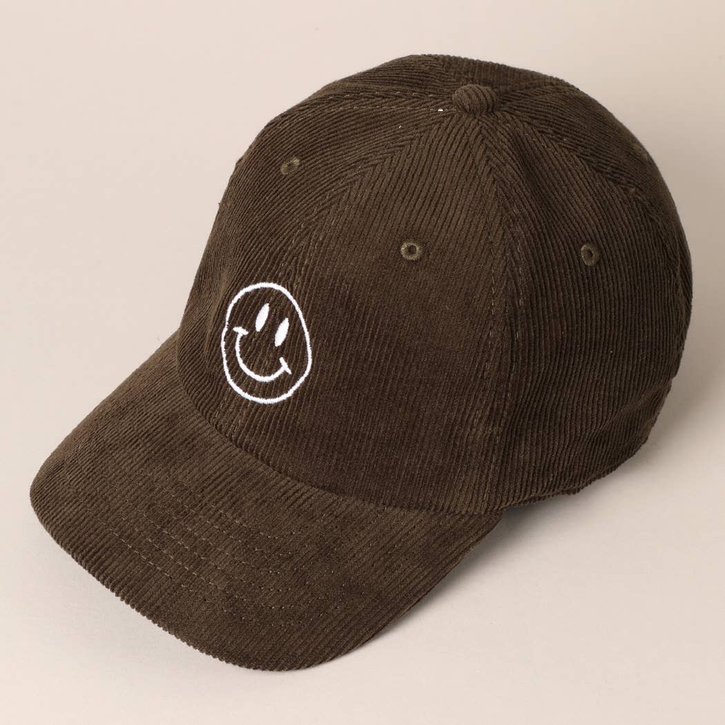 Happy Face Embroidered Corduroy Baseball Cap: LIGHT PINK / ONE SIZE