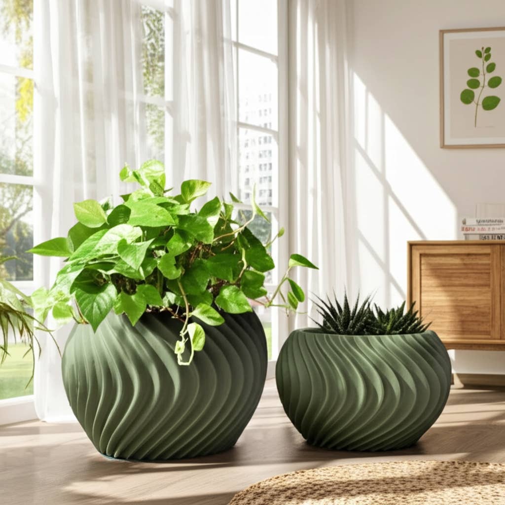 Resin Curvy Lines Rounded Planter Set of 2 - Green, 8/12 in.