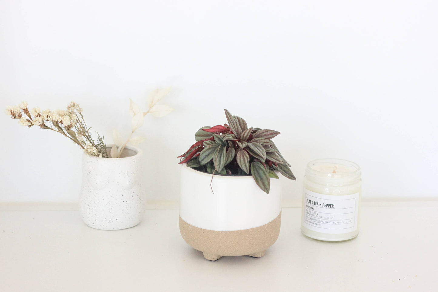 Small Neutral Matte White and Natural Minimal Footed Planter: 5