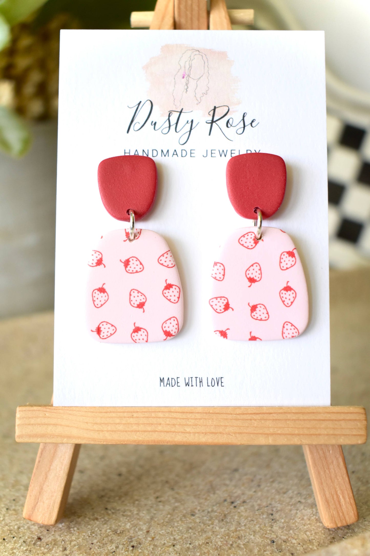 Pink Strawberry Dangles- Clay Earrings