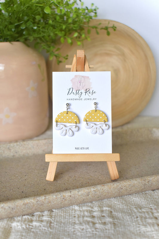 Polka Dot & Flower Dangles- Yellow & White Clay Earrings