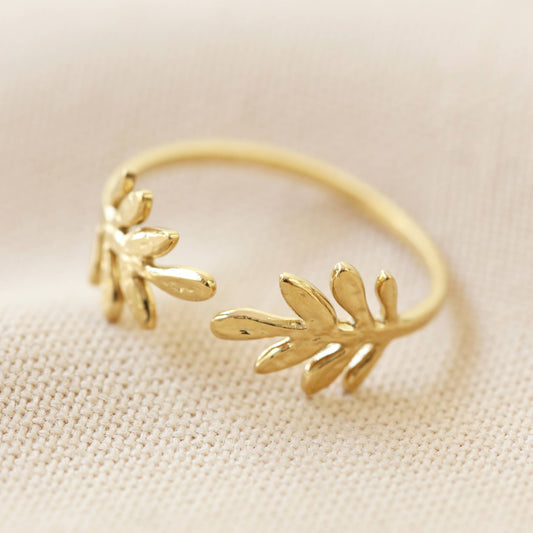 Stainless steel adjustable fern leaf Ring in Gold