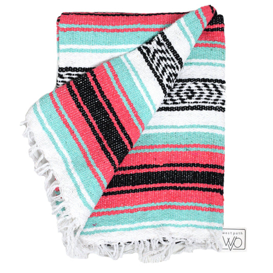 Seafoam Green & Coral Mexican Falsa Blanket