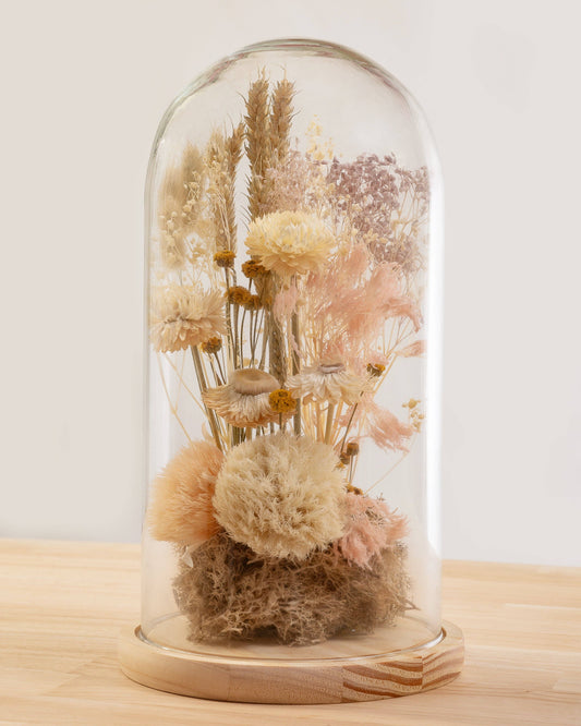 CAMPANA SILVESTRE CON FLORES Y VERDES SECOS Y PRESERVADOS