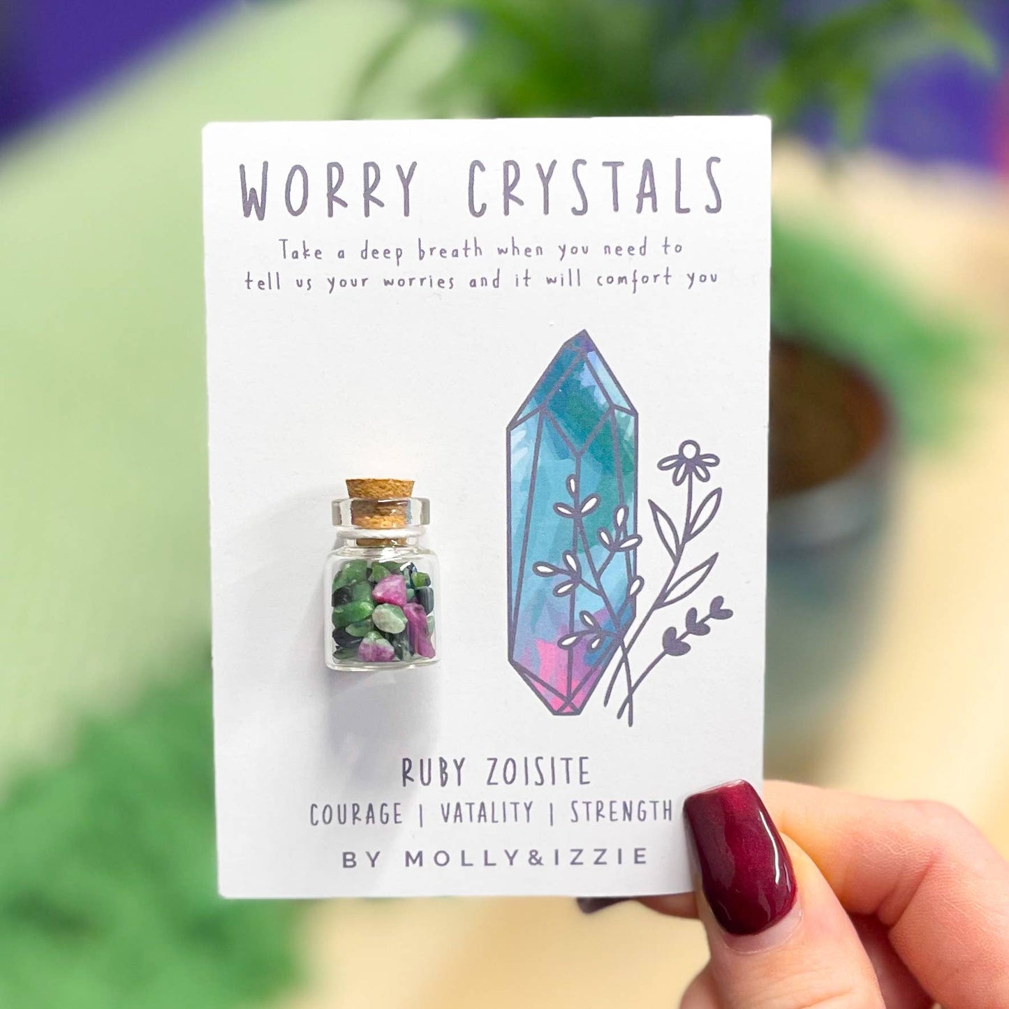 Ruby Zoisite Worry Crystals on Card