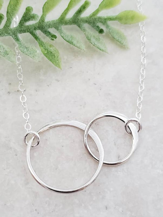 Two Intertwined Circle Sideways Necklace - Sterling Silver