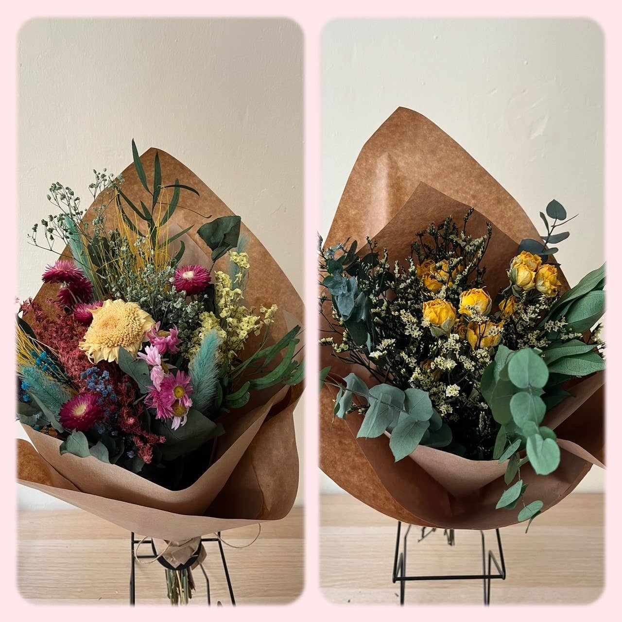 BOUQUET MEDIANO  CON FLORES Y VERDES SECOS Y PRESERVADOS